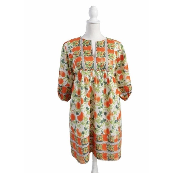 Islapayal 100% Cotton Block Print Mini Dress Citrus Floral Boho Tunic NWT XS - Picture 3 of 9
